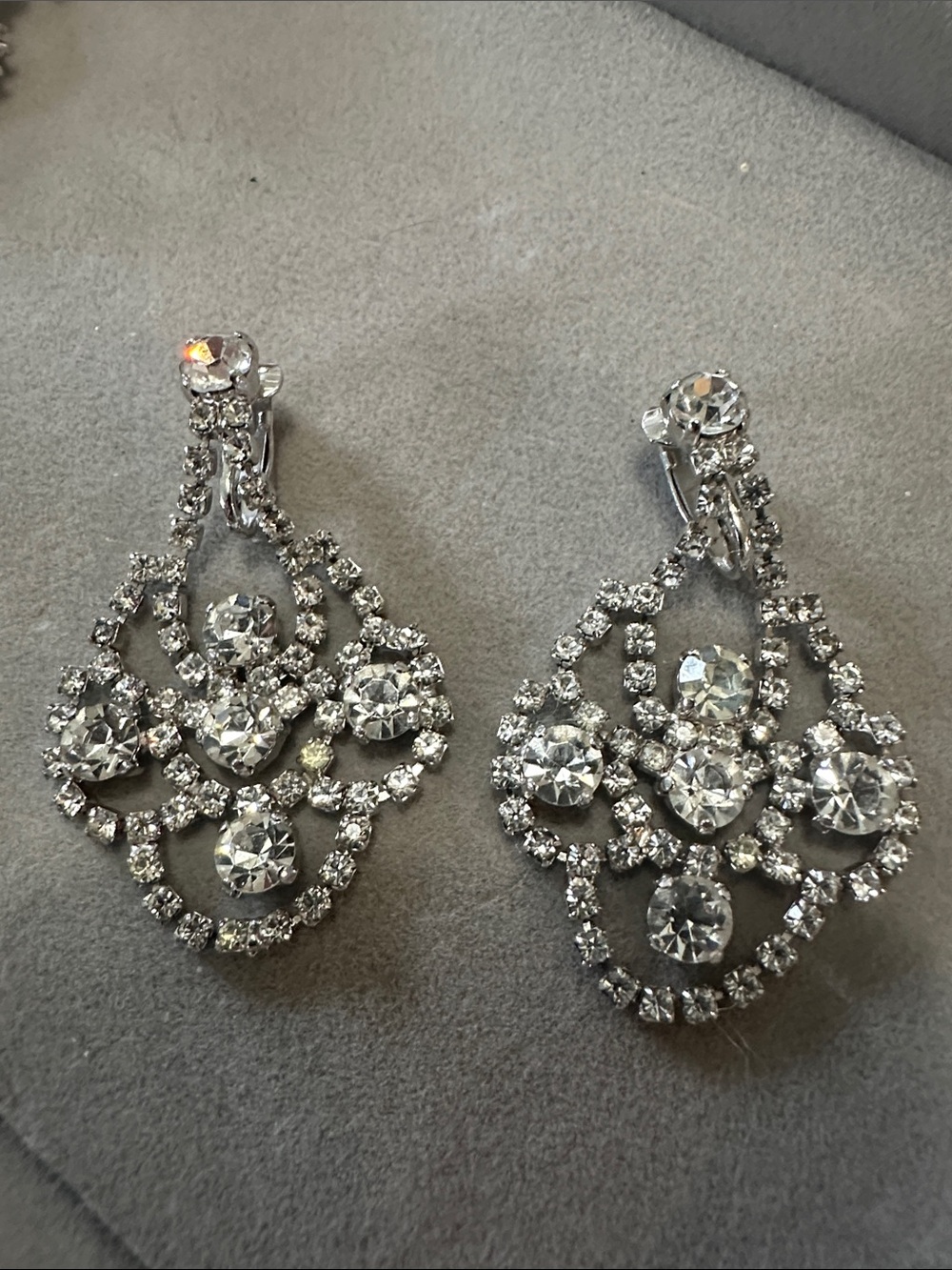 Sherman signed Silver Crystal Chandelier Clip-On Earrings